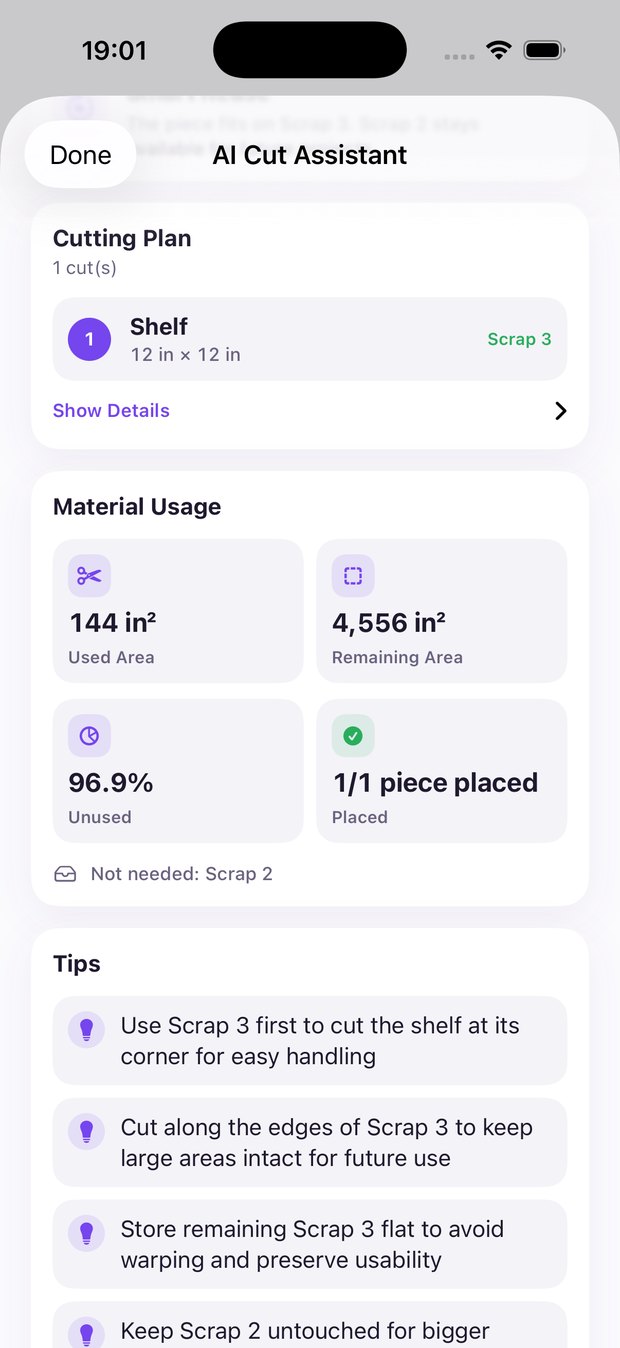 ScrapCut AI Cut Assistant showing a cutting plan, material usage figures and practical cutting tips.