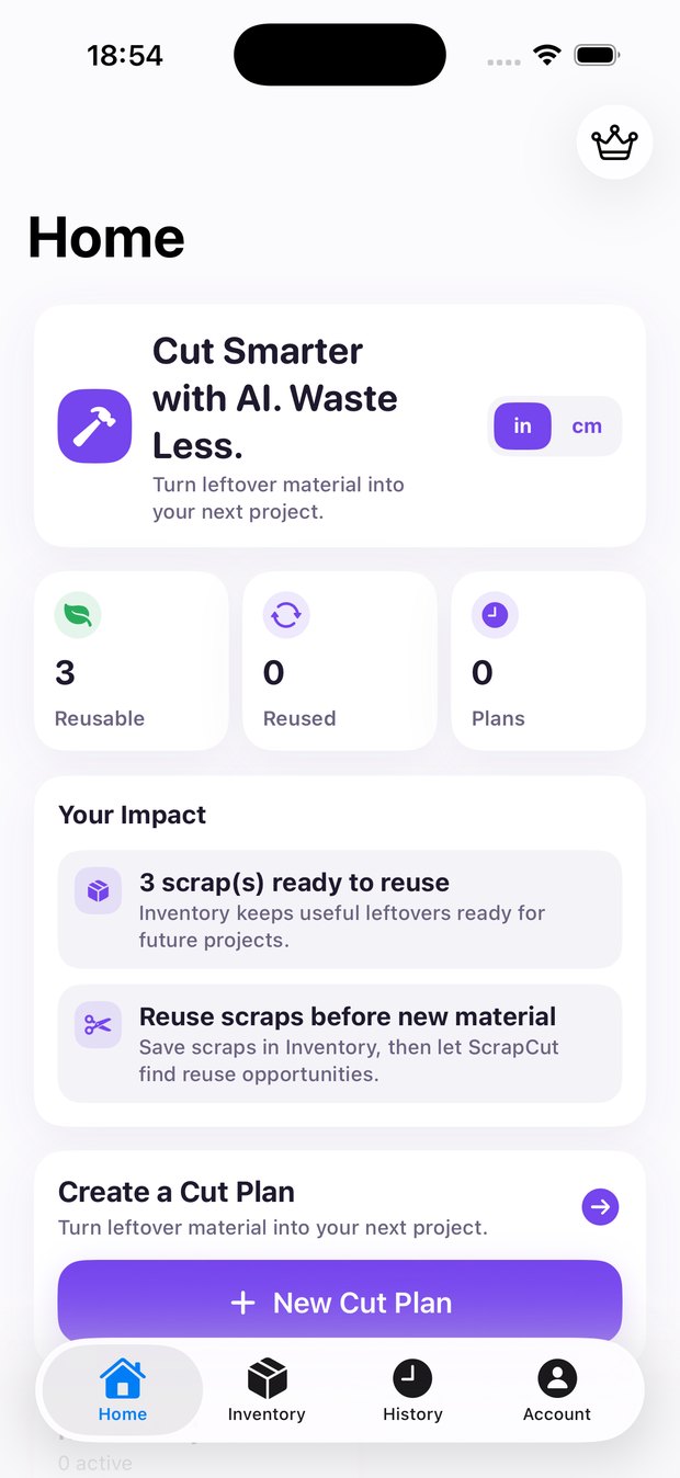ScrapCut Home screen with reusable scrap count, reuse prompts and a New Cut Plan button.