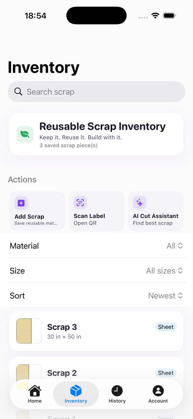 ScrapCut Inventory screen listing saved scrap sheets with their dimensions.